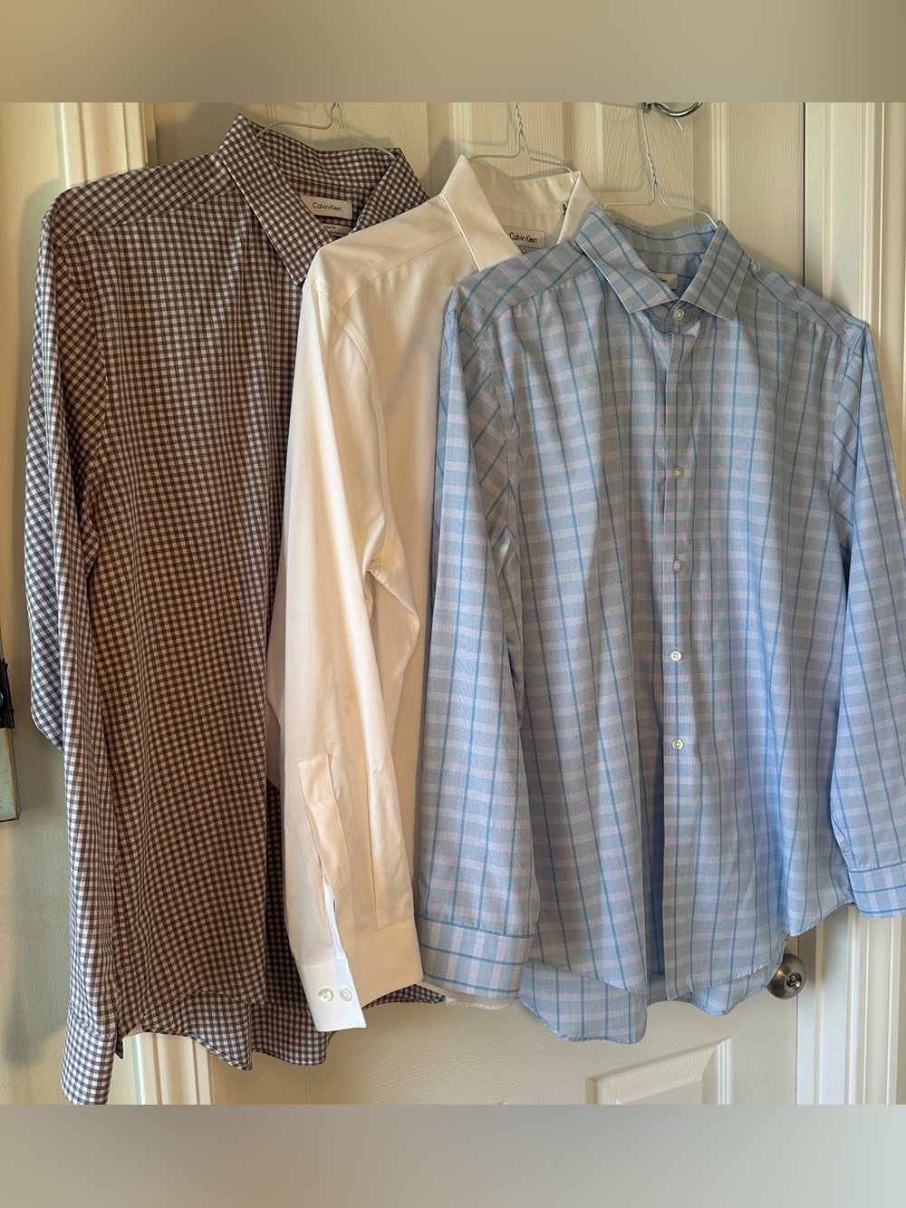 Calvin Klein Men’s Light Blue Plaid, White & Brown Check Dress Shirts